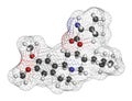 Valbenazine tardive dyskinesia drug molecule. 3D rendering. Atoms are represented as spheres with conventional color coding:.