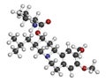 Valbenazine tardive dyskinesia drug molecule. 3D rendering. Atoms are represented as spheres with conventional color coding:.