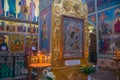 The Valdai Iver Svyatoozersky Virgin Monastery. Interior Iversky Cathedral and The miracle-working icon of the Blessed Virgin Royalty Free Stock Photo