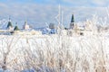 Valdai Iversky Monastery in the winter morning, frost. Valdai, Novgorod Region, Russia