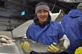 Valdez, Alaska. August 2011. Processing fresh salmon at a fish factory.