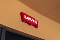 Valdichiana Outlet Village, Italy 09/17/2019: Closeup of Levis jeans logo on store front in the street