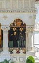 The old Lainici Monastery on a summer`s day, detail of the exterior painted wall