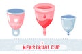 Feminine hygiene. Set of different menstrual cups. Protection for woman critical days.