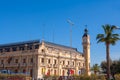 Valencia Port building with tower and palm tree Royalty Free Stock Photo