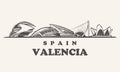 Valencia skyline, Spain vintage vector illustration,City of the Arts and Sciences hand drawn buildings