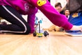 Valencia, Spain - April 13, 2019: Children using a robot motorized, reconfigurable education toy, created with Lego WeDo blocks