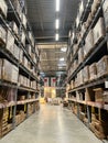 Ikea warehouse hallway with tall shelves on both sides with items in their boxes without people