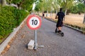 Valencia, Spain - August 22, 2019: Speed limit sign on a pedestrian street near a garden Royalty Free Stock Photo