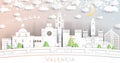 Valencia Spain City Skyline in Paper Cut Style with Snowflakes, Moon and Neon Garland