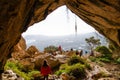 VALENCIA, SPAIN - Dec 25, 2020: Group of Hikers in the Beautiful Viewpoint of the Caves of the Sierra de Bernia in Altea, Spain