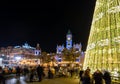 Valencia, Spain. December 2018: Christmas fair with carousel on Modernisme plaza of the city hall of Valencia, Spain.