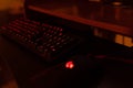 Famous gaming mouse Logitech G403 with red logo,  on Nova mouse pad, glowing  Logitech G413 led Royalty Free Stock Photo