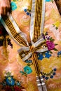 Valencia, Spain - February 13, 2019: Detail of Falleras women dress, typical Valencian costume used in Fallas