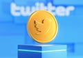 Valencia, Spain - February, 2023: golden Twitter coin presentation on a stand and blue background in 3D