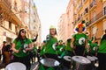Valencia, Spain - February 16, 2019: Group of strong women belonging to a group of drummers during a feminist protest claiming