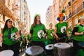 Valencia, Spain - February 16, 2019: Group of strong women belonging to a group of drummers during a feminist protest claiming