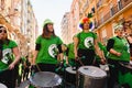 Valencia, Spain - February 16, 2019: Group of strong women belonging to a group of drummers during a feminist protest claiming