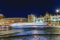 Valencia, Spain - February 10, 2019: Plaza de toros and Valencia train station illuminated at night Royalty Free Stock Photo