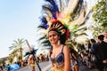 Valencia, Spain - February 16, 2019: Portrait of women wearing the traditional Bolivian party outfit during a carnival parade