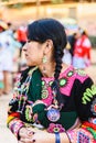 Valencia, Spain - February 16, 2019: Portrait of women wearing the traditional Bolivian party outfit during a carnival parade