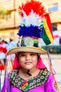 Valencia, Spain - February 16, 2019: Portrait of women wearing the traditional Bolivian party outfit during a carnival parade