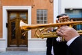 Valencia, spain - february 1, 2022: Trumpeter of a traditional Valencian music band in a parade performing a popular pasodoble