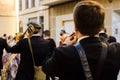 Valencia, spain - february 1, 2022: Trumpeter of a traditional Valencian music band in a parade performing a popular pasodoble