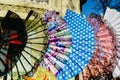 Valencia, Spain - February 24, 2019: Typical colorful Spanish flamenco fans for sale in a street market in spring Royalty Free Stock Photo