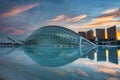 Valencia, Spain - January 20, 2023: Beautiful sunset over the Hemisferic Planetarium in the City of Arts and Sciences, Valencia. Royalty Free Stock Photo