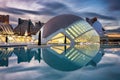 Valencia, Spain - January 20, 2023: Beautiful sunset over the Hemisferic Planetarium in the City of Arts and Sciences, Valencia. Royalty Free Stock Photo