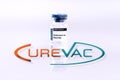 Valencia, Spain - January 17, 2021: CureVac`s new coronavirus vaccine is approved, logo with vaccine vial