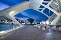 Valencia, Spain - January 20, 2023: The Hemisferic Planetarium in the City of Arts and Sciences at dusk in Valencia. Spain