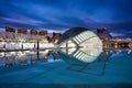 Valencia, Spain - January 20, 2023: The Hemisferic Planetarium in the City of Arts and Sciences at dusk in Valencia. Spain