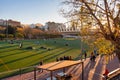 Valencia, Spain - January 21, 2023: Soccer training stadium in Turia public park at dawn in Valencia, Spain