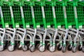 Valencia, Spain - July 3, 2019: Lines of metal supermarket trolleys in a food store