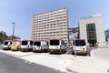 Main facade with ambulance parking in the foreground of the `Arnau de Vilanova` Public Hospital in Valencia