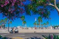 Valencia Spain - July 25 2019: Road along the beach of Valencia. A man on a moped stopped at a red traffic light. Summer holidays