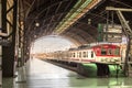 Electric locomotive on track 1 platform Estacion del Nord, Valencia train station in Spain