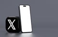Valencia, Spain - July, 2023: X app icon with mobile phone mockup isolated on a dark background in 3D render. X is the new name