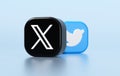 Valencia, Spain - July, 2023: X and Twitter apps logos on a blue color background in 3D rendering. X is the new name and logo of