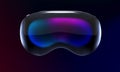 Valencia, Spain - June, 2023: Apple Vision Pro mixed reality device floating on a dark background, front view in 3D. The era of