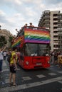 Valencia, Spain - June 16, 2018: A bus with a rainbow flag of political party Ciudadanos, during the gay pride day parade