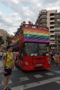 Valencia, Spain - June 16, 2018: A bus with a rainbow flag of political party Ciudadanos, during the gay pride day parade