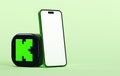 Valencia, Spain - June, 2023: Kick app icon with mobile phone mockup isolated on a green background in 3D rendering. Kick is a new