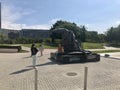 Valencia, Spain, June 2019 - A statue of a person doing a trick on a skateboard