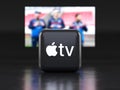 Valencia, Spain - March, 2023: Apple TV app logo in front of a TV screen, icon in 3D illustration. Apple TV is a global provider