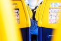 Valencia, Spain - March 8, 2019: Back of the seats of a Boeing plane with safety instructions, mandatory reading for passengers Royalty Free Stock Photo