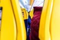 Valencia, Spain - March 8, 2019: Back of the seats of a Boeing plane with safety instructions, mandatory reading for passengers Royalty Free Stock Photo