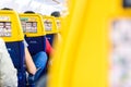 Valencia, Spain - March 8, 2019: Back of the seats of a Boeing plane with safety instructions, mandatory reading for passengers Royalty Free Stock Photo